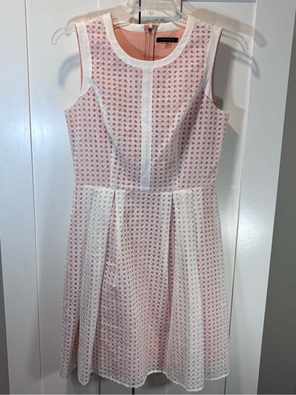 Tommy Hilfiger Dress Size 8 Pink White Embroidered Lace Fit Flare Sleeveless